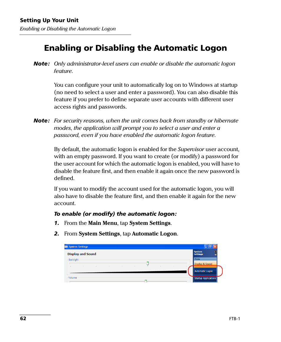 Enabling or disabling the automatic logon | EXFO FTB-1 User Manual | Page 72 / 234
