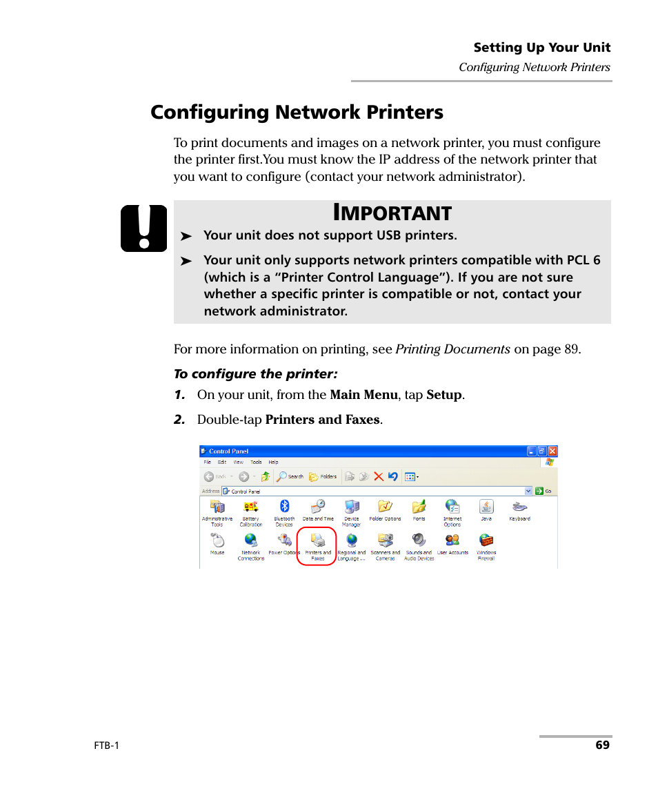 Configuring network printers, Mportant | EXFO FTB-1 User Manual | Page 79 / 234