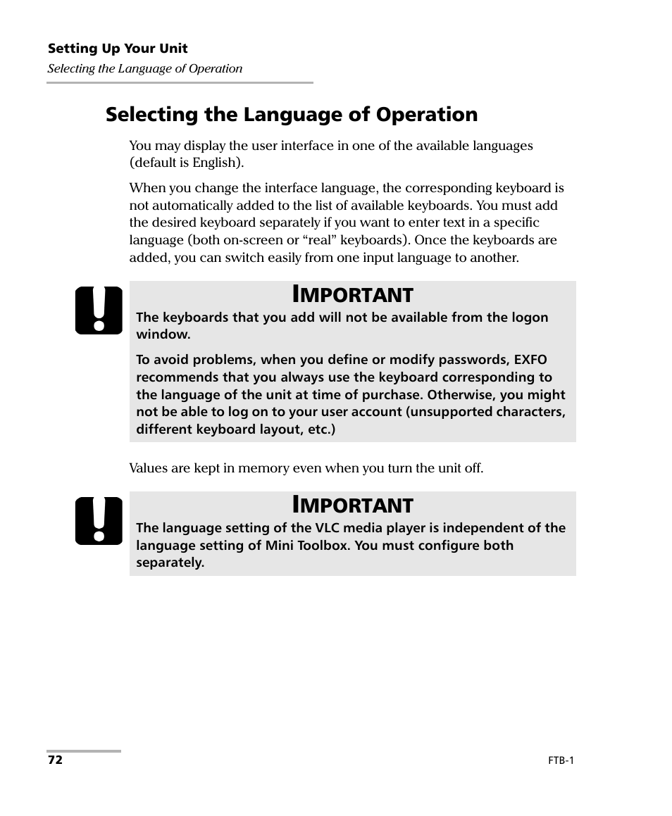 Selecting the language of operation, Mportant | EXFO FTB-1 User Manual | Page 82 / 234