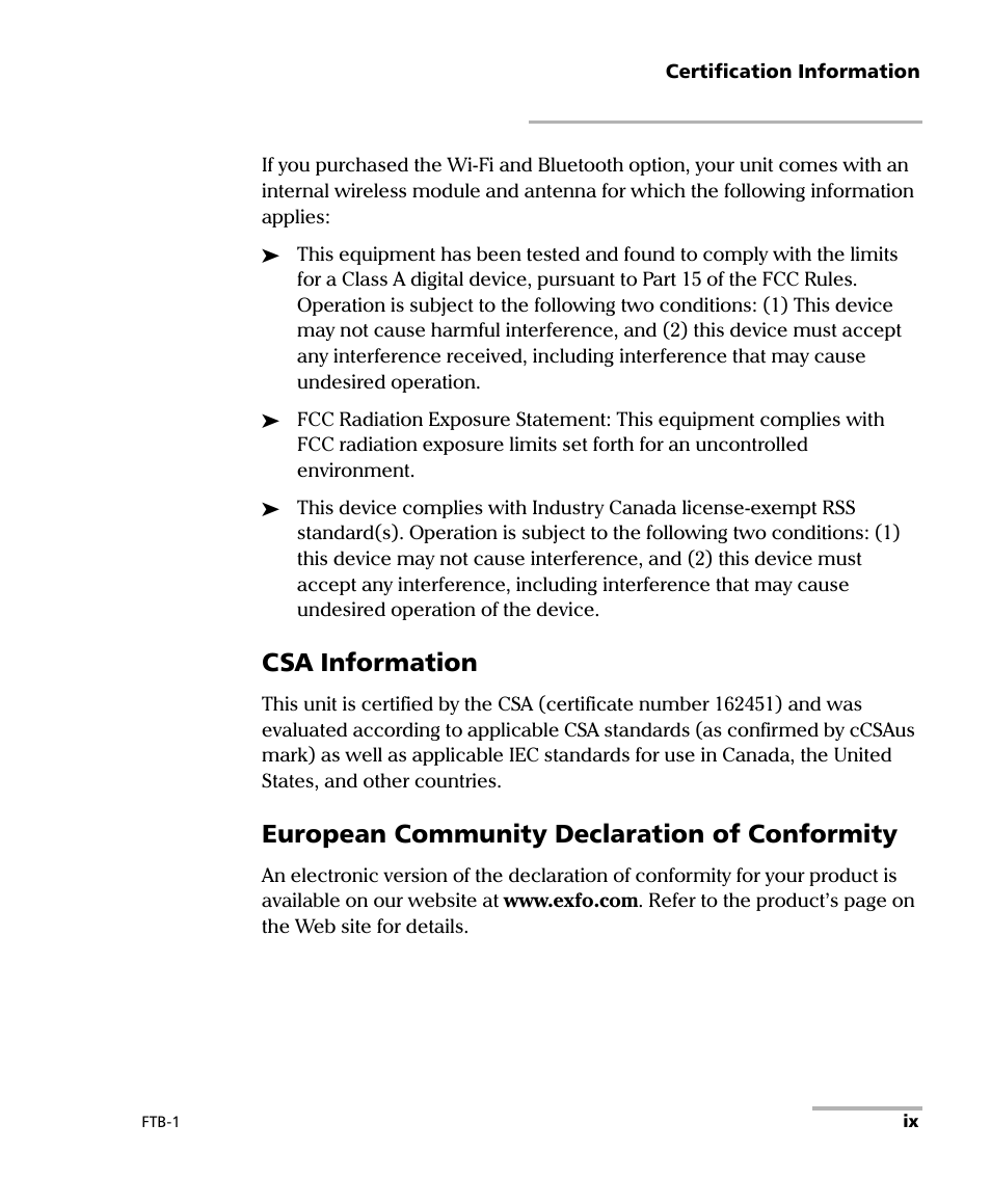 Csa information, European community declaration of conformity | EXFO FTB-1 User Manual | Page 9 / 234