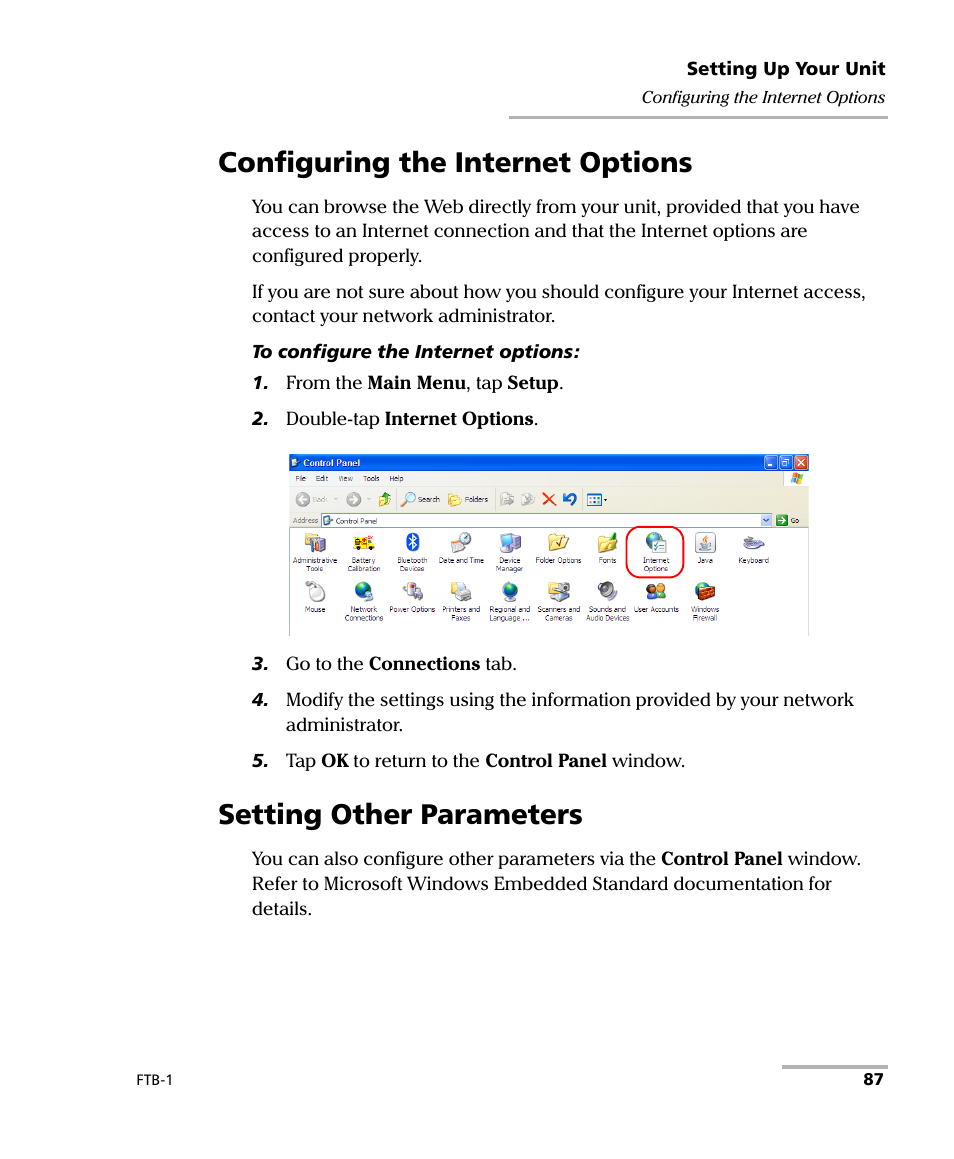 Configuring the internet options, Setting other parameters | EXFO FTB-1 User Manual | Page 97 / 234