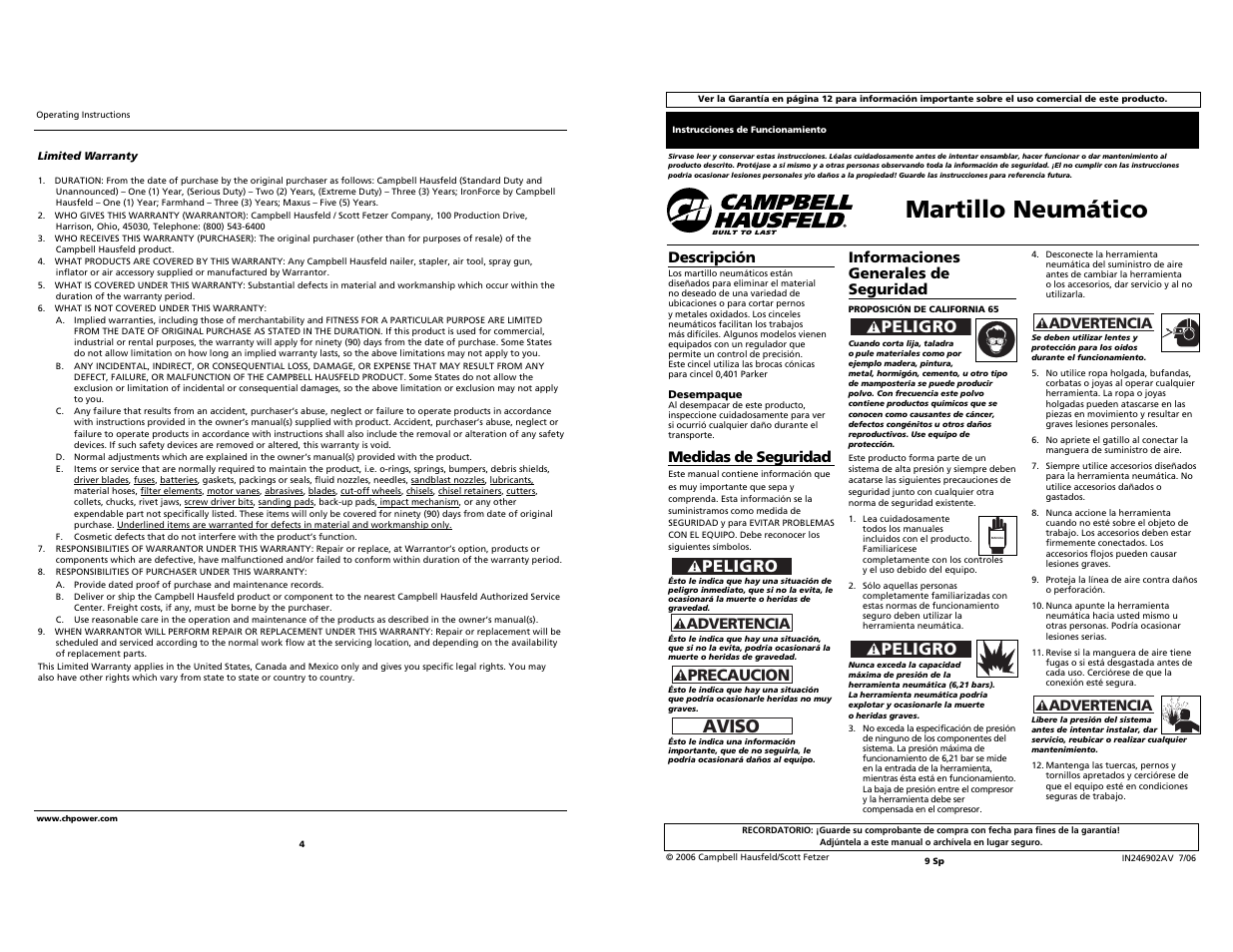 Martillo neumático, Aviso, Peligro | Precaucion, Descripción, Medidas de seguridad, Advertencia, Informaciones generales de seguridad | Campbell Hausfeld Impact Driver User Manual | Page 4 / 6