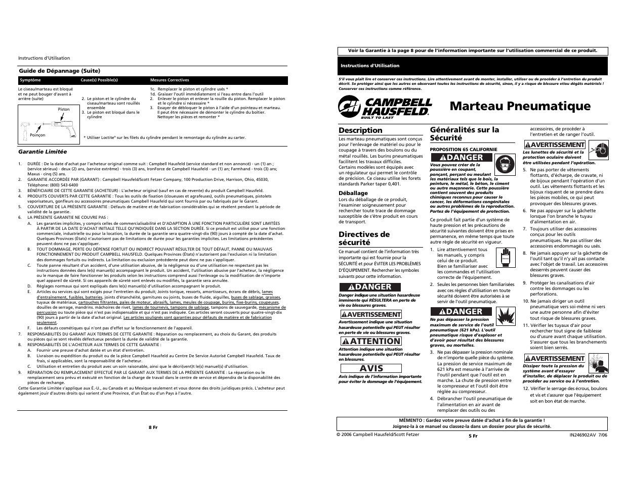 Marteau pneumatique, Avis, Attention | Danger, Description, Directives de sécurité, Généralités sur la sécurité | Campbell Hausfeld Impact Driver User Manual | Page 5 / 6