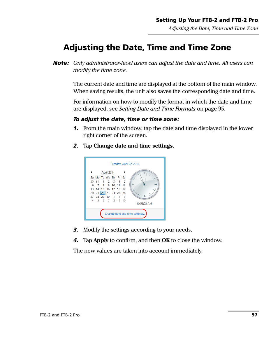 Adjusting the date, time and time zone | EXFO FTB-2 User Manual | Page 107 / 443