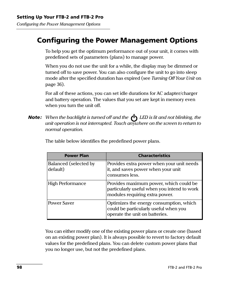 Configuring the power management options | EXFO FTB-2 User Manual | Page 108 / 443