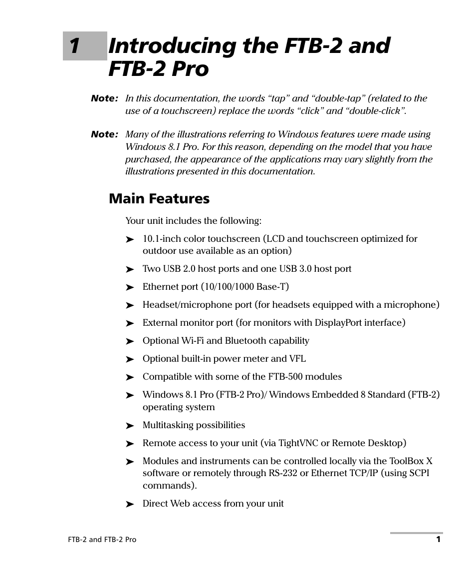 1 introducing the ftb-2 and ftb-2 pro, Main features, 1introducing the ftb-2 and ftb-2 pro | EXFO FTB-2 User Manual | Page 11 / 443