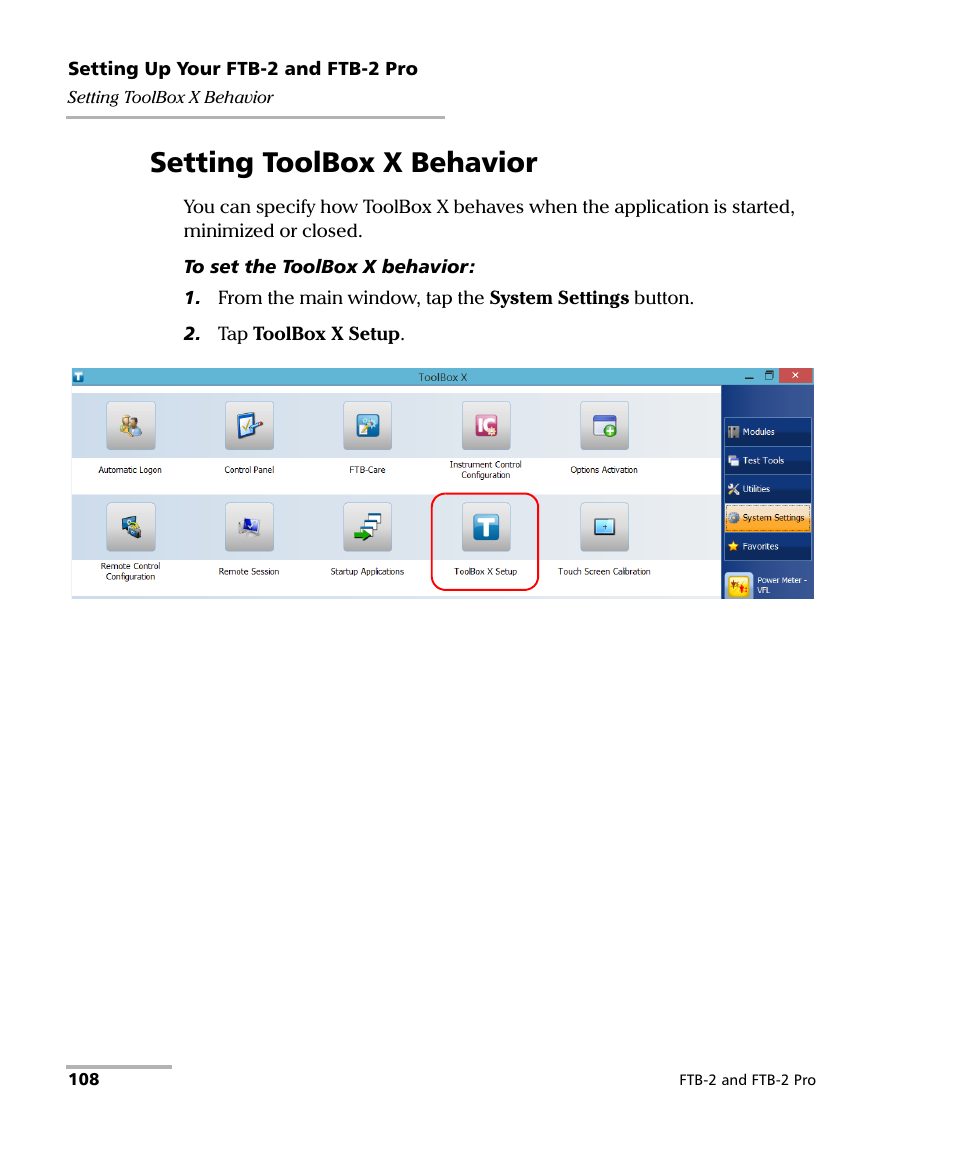 Setting toolbox x behavior | EXFO FTB-2 User Manual | Page 118 / 443