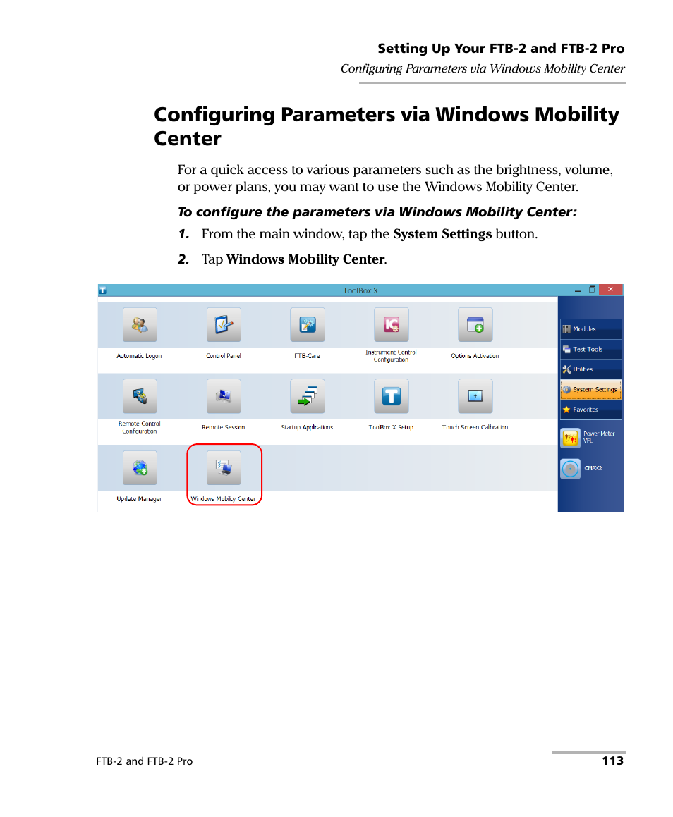 Configuring parameters via windows mobility center | EXFO FTB-2 User Manual | Page 123 / 443