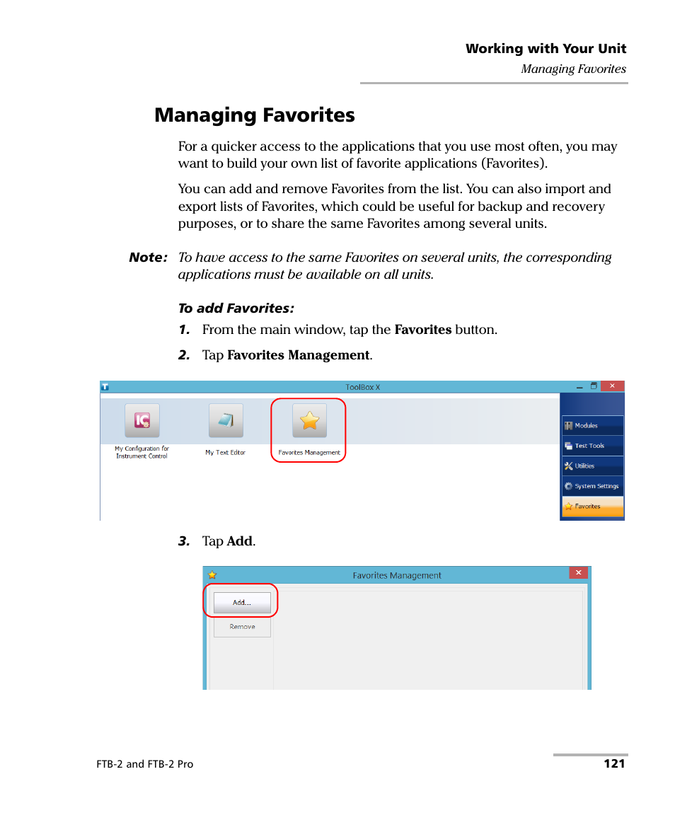 Managing favorites | EXFO FTB-2 User Manual | Page 131 / 443