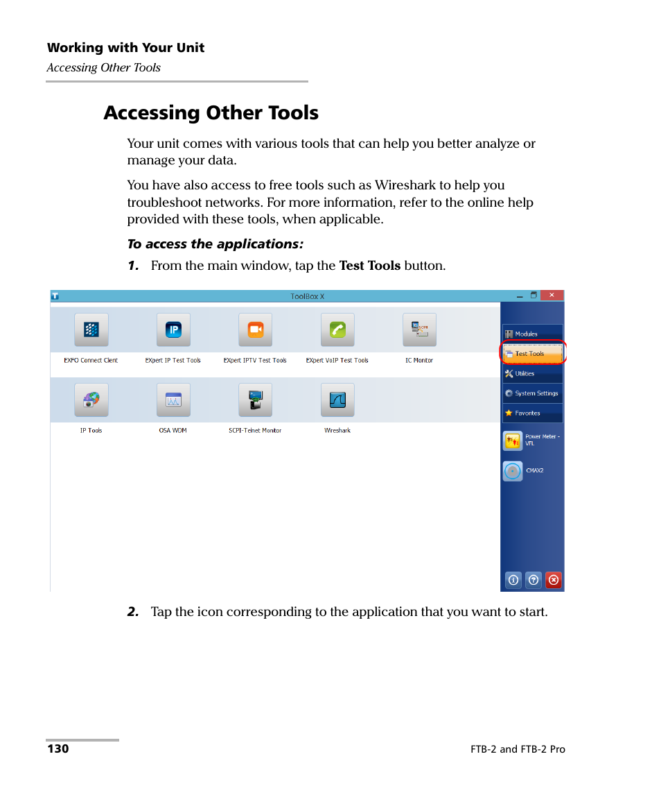 Accessing other tools | EXFO FTB-2 User Manual | Page 140 / 443