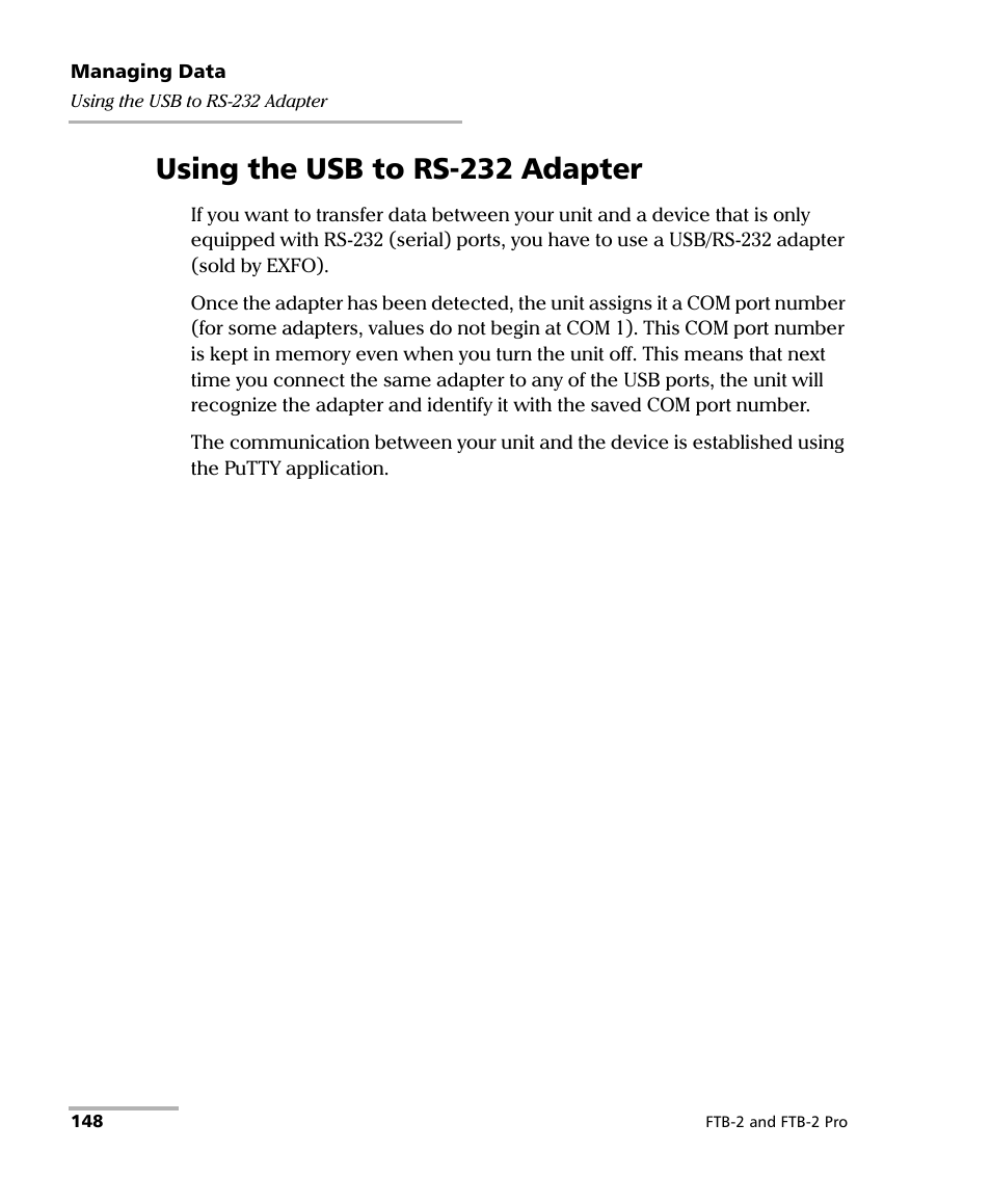 Using the usb to rs-232 adapter | EXFO FTB-2 User Manual | Page 158 / 443