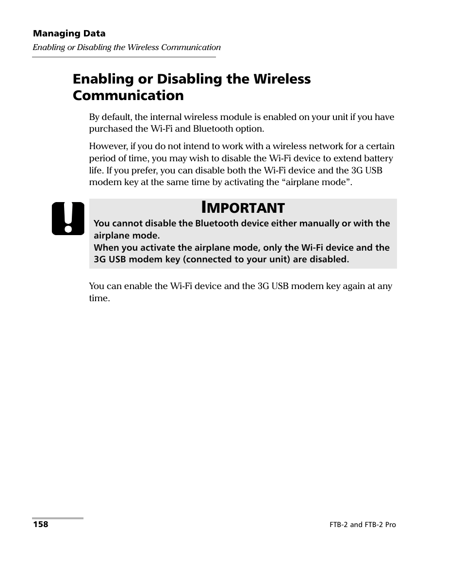Enabling or disabling the wireless communication, Mportant | EXFO FTB-2 User Manual | Page 168 / 443