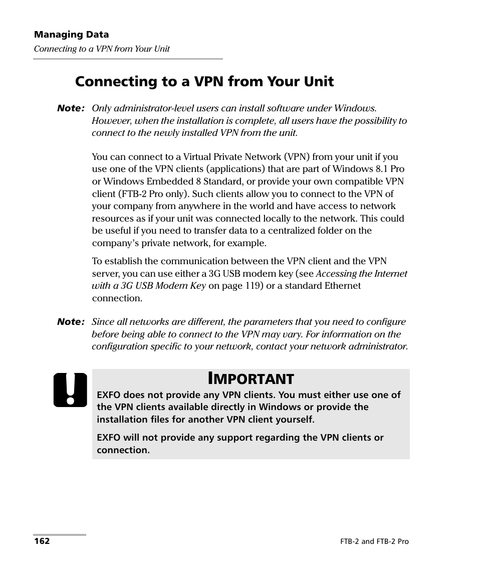 Connecting to a vpn from your unit, Mportant | EXFO FTB-2 User Manual | Page 172 / 443