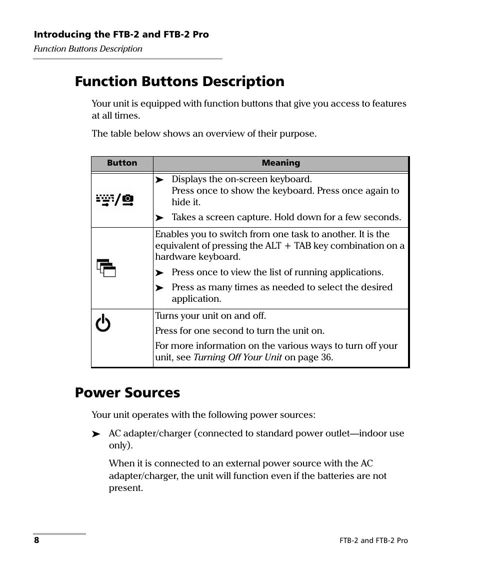 Function buttons description, Power sources, Function buttons description power sources | EXFO FTB-2 User Manual | Page 18 / 443