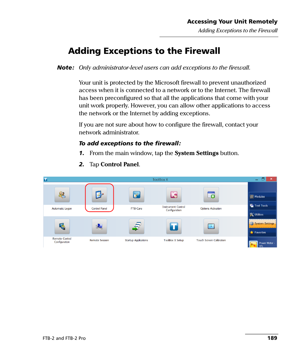 Adding exceptions to the firewall | EXFO FTB-2 User Manual | Page 199 / 443