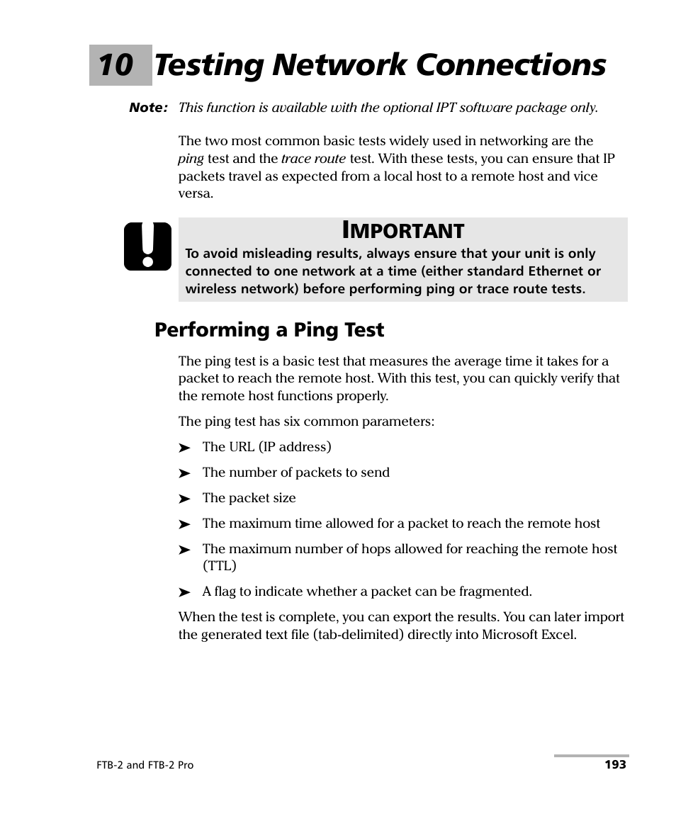 10 testing network connections, Performing a ping test, Mportant | EXFO FTB-2 User Manual | Page 203 / 443