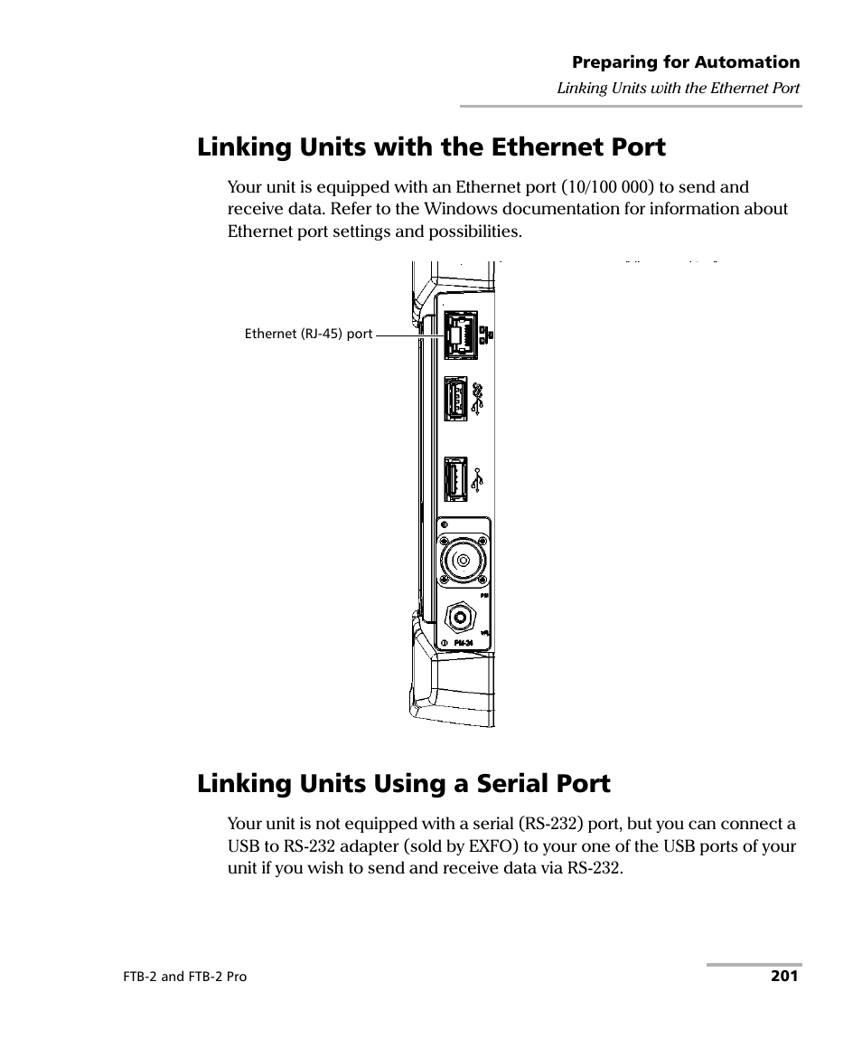 Linking units with the ethernet port, Linking units using a serial port | EXFO FTB-2 User Manual | Page 211 / 443