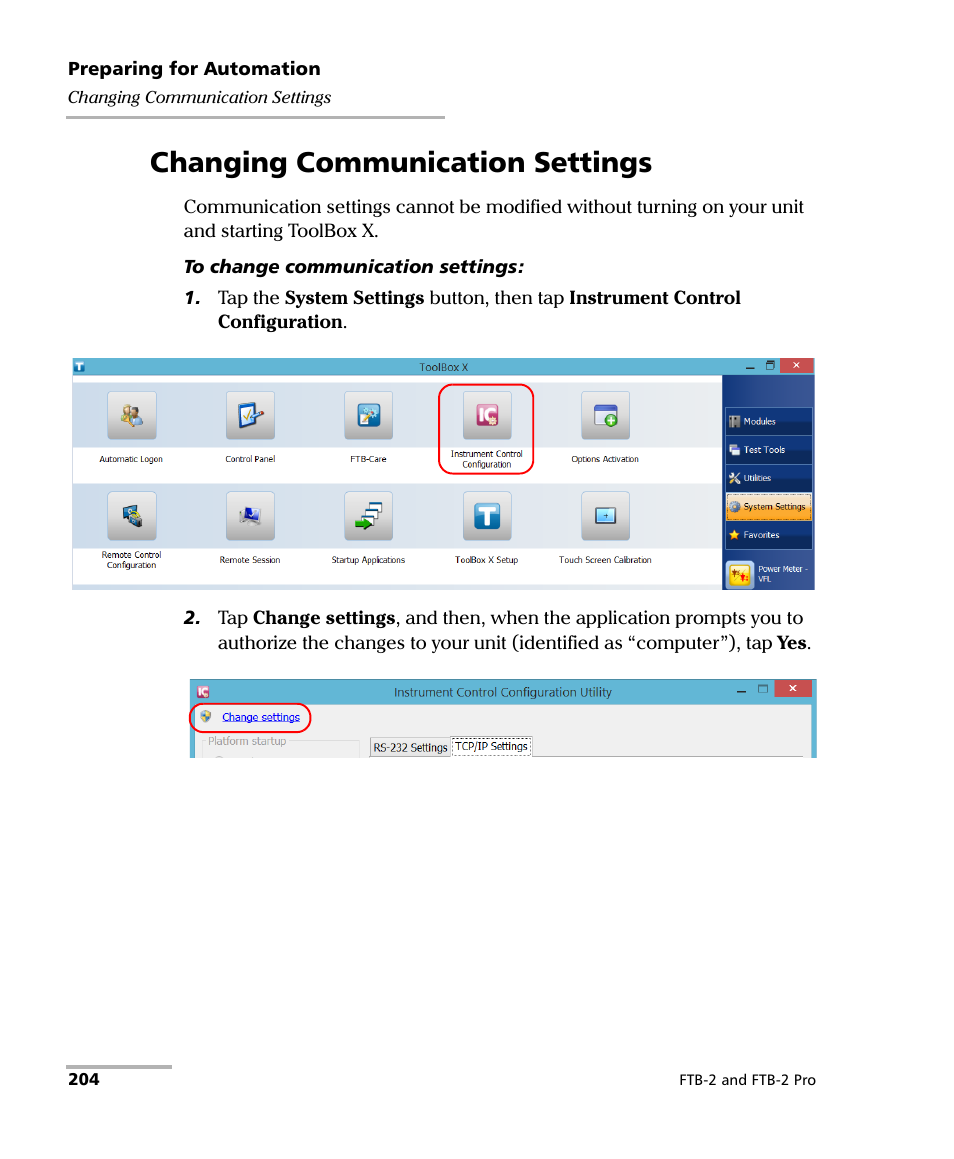 Changing communication settings | EXFO FTB-2 User Manual | Page 214 / 443