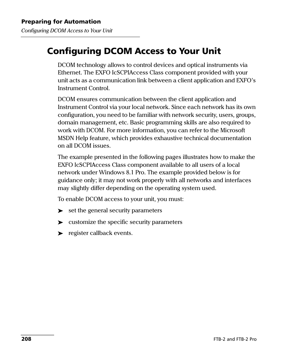 Configuring dcom access to your unit | EXFO FTB-2 User Manual | Page 218 / 443