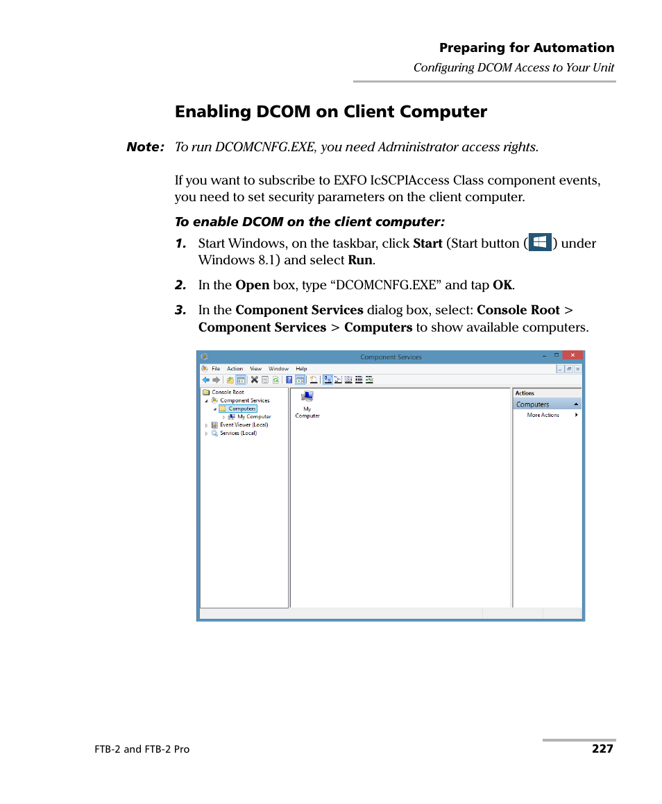 Enabling dcom on client computer | EXFO FTB-2 User Manual | Page 237 / 443