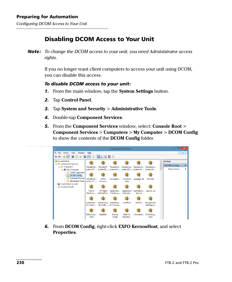 Disabling dcom access to your unit | EXFO FTB-2 User Manual | Page 240 / 443