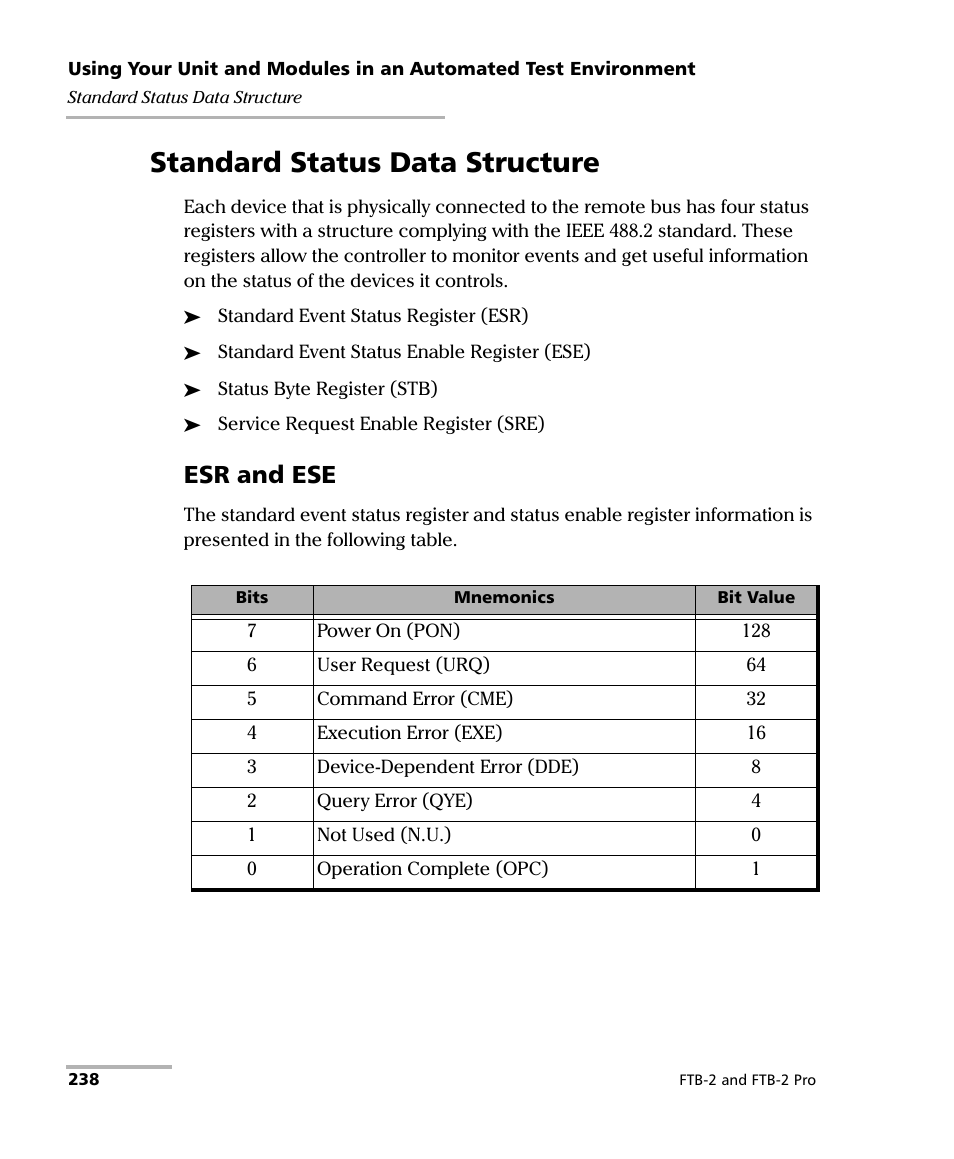 Standard status data structure, Esr and ese | EXFO FTB-2 User Manual | Page 248 / 443