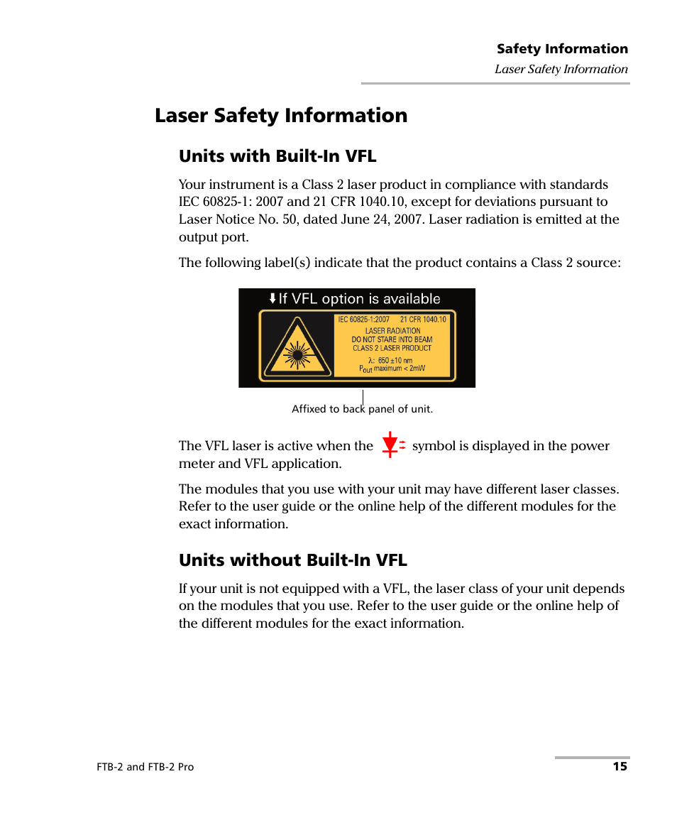 Laser safety information, Units with built-in vfl, Units without built-in vfl | EXFO FTB-2 User Manual | Page 25 / 443