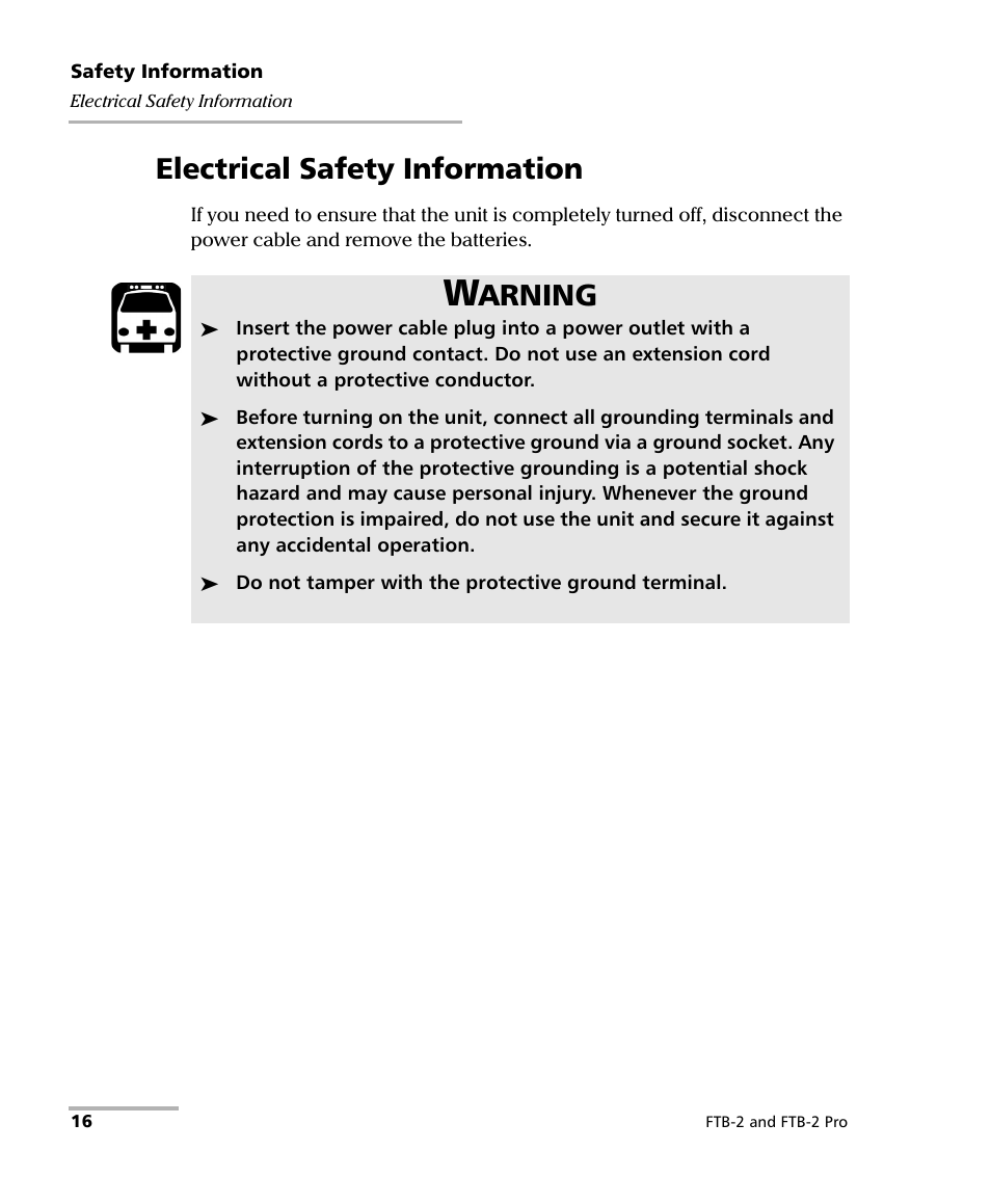 Electrical safety information, Arning | EXFO FTB-2 User Manual | Page 26 / 443