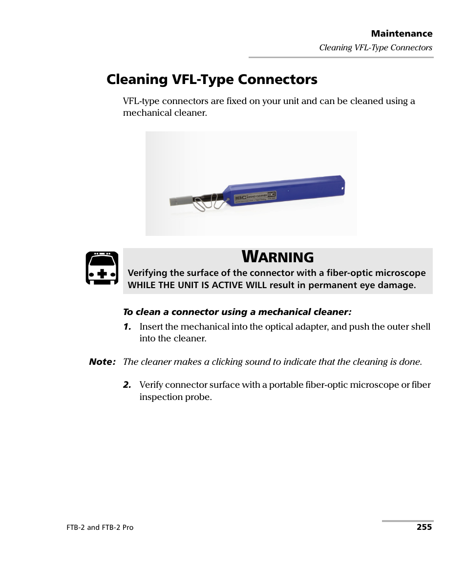 Cleaning vfl-type connectors, Arning | EXFO FTB-2 User Manual | Page 265 / 443