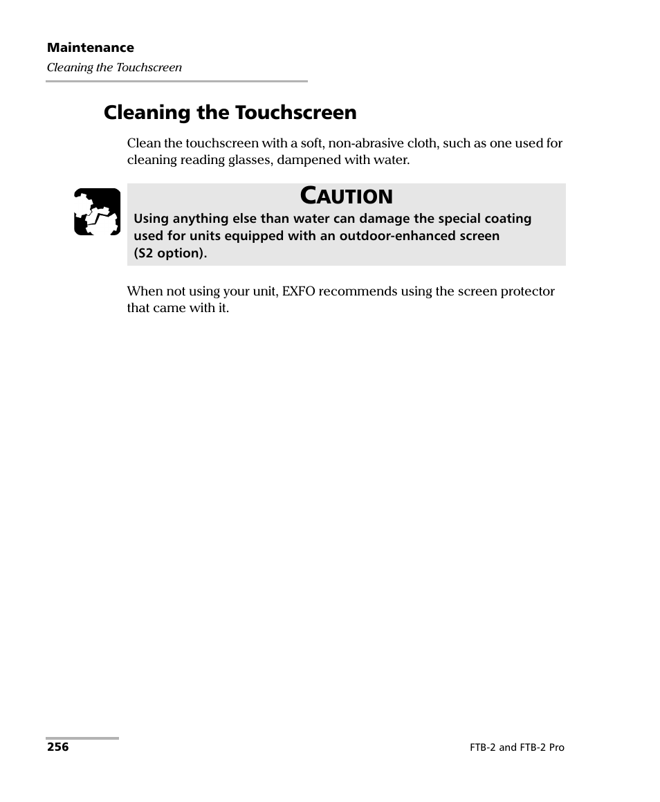 Cleaning the touchscreen, Aution | EXFO FTB-2 User Manual | Page 266 / 443