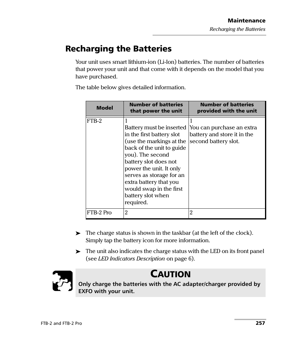 Recharging the batteries, Aution | EXFO FTB-2 User Manual | Page 267 / 443
