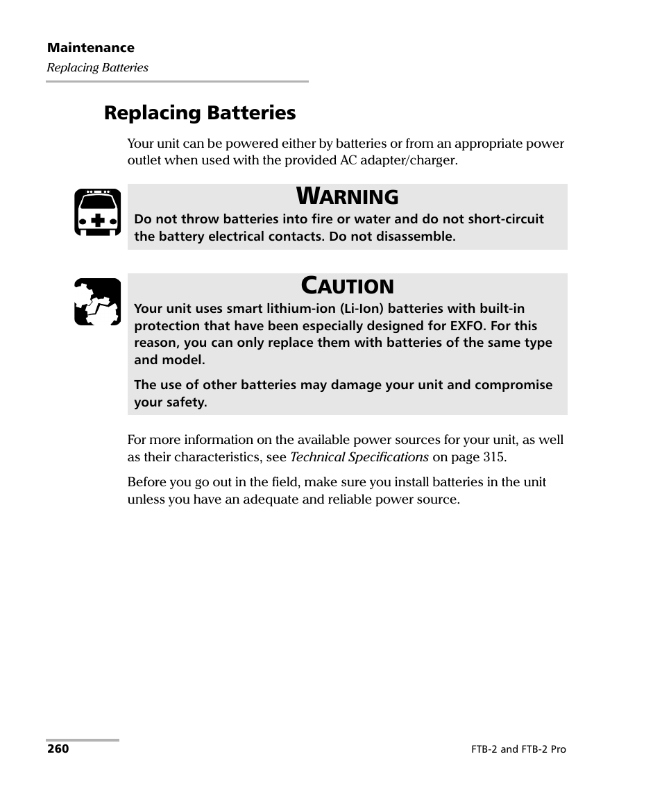 Replacing batteries, Arning, Aution | EXFO FTB-2 User Manual | Page 270 / 443