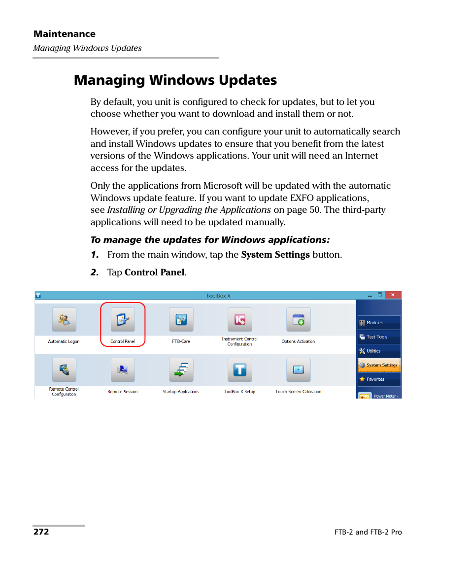 Managing windows updates | EXFO FTB-2 User Manual | Page 282 / 443