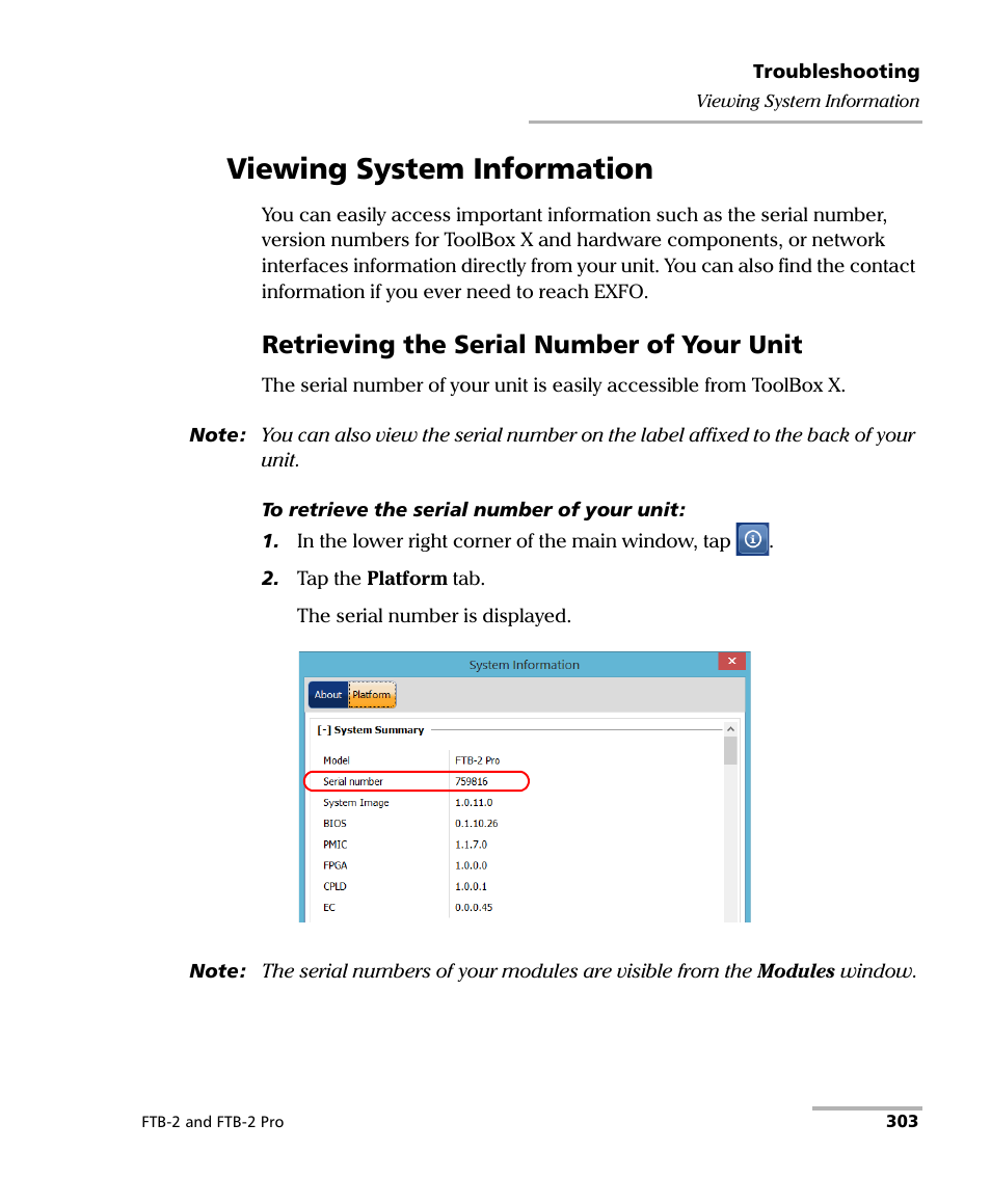 Viewing system information, Retrieving the serial number of your unit | EXFO FTB-2 User Manual | Page 313 / 443
