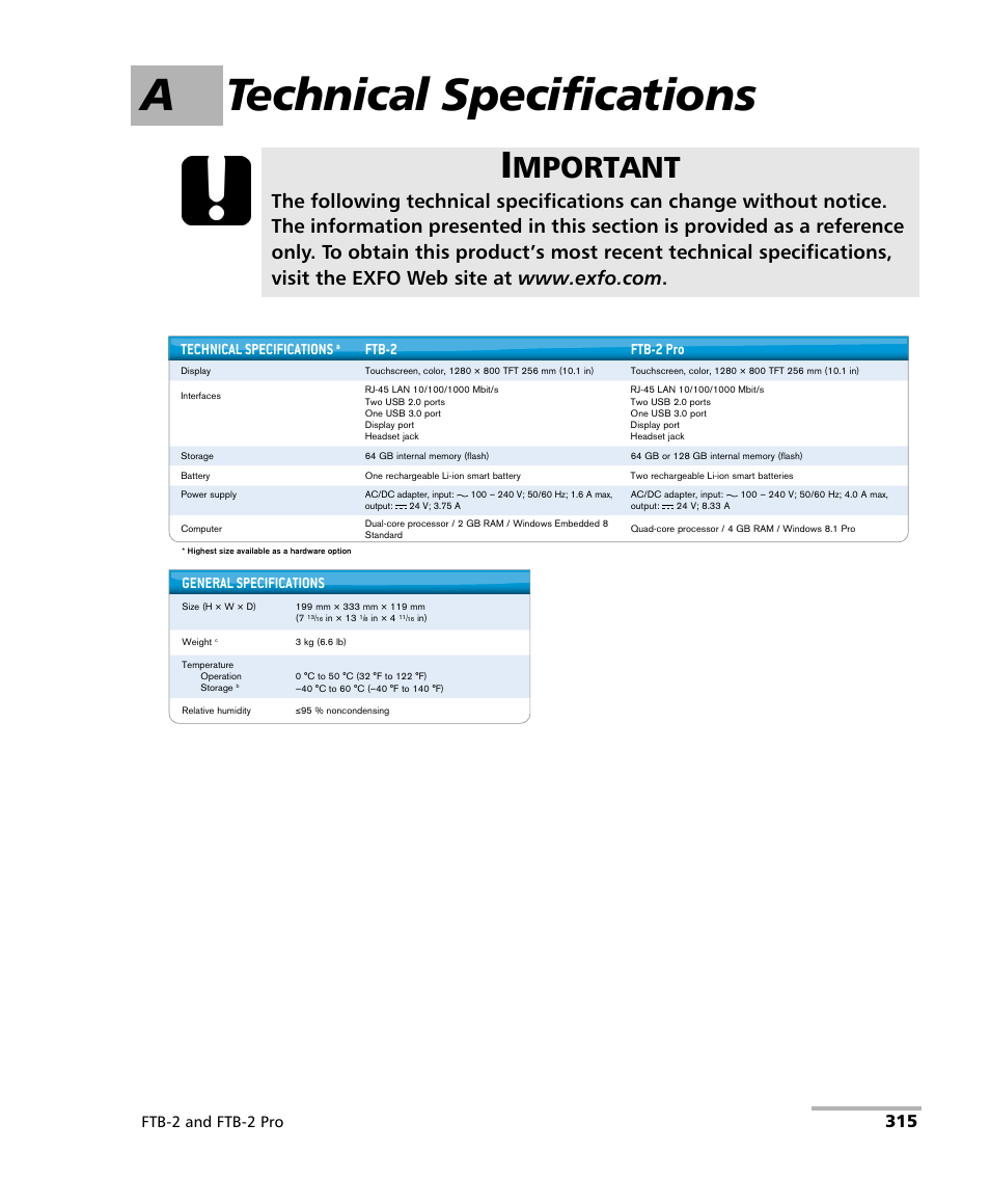 A technical specifications, Mportant, Ftb-2 and ftb-2 pro | Technical specifications, Ftb-2 ftb-2 pro, General specifications | EXFO FTB-2 User Manual | Page 325 / 443