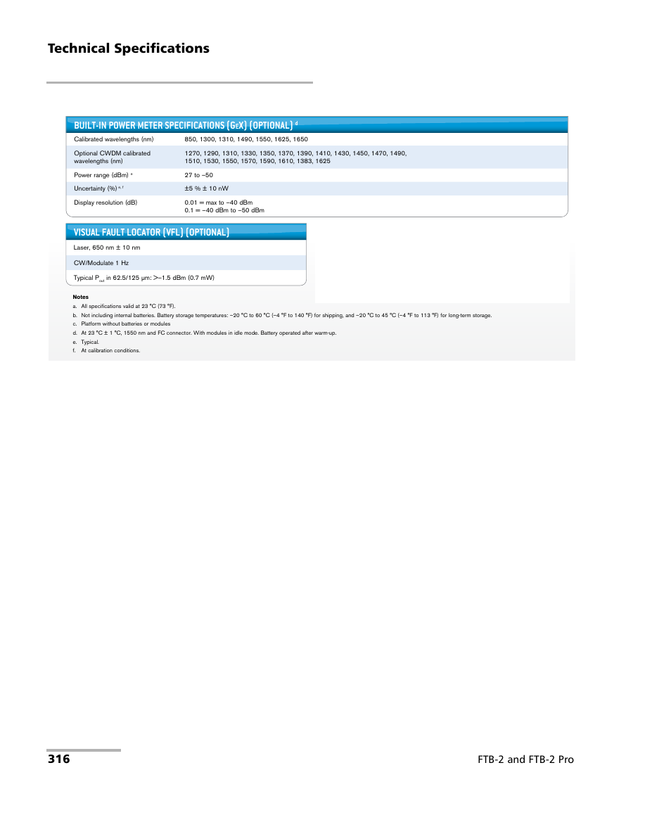 Technical specifications, Built-in power meter specifications (g, X) (optional) | Laser safety | EXFO FTB-2 User Manual | Page 326 / 443