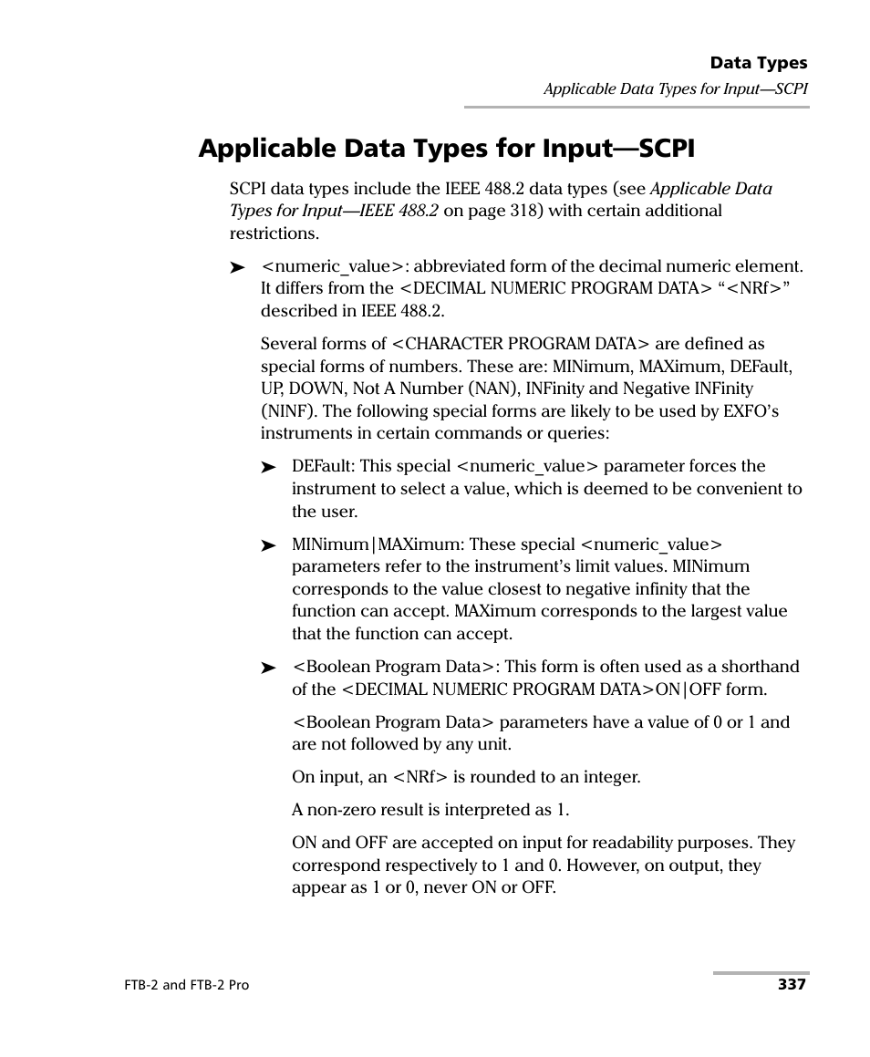 Applicable data types for input—scpi | EXFO FTB-2 User Manual | Page 347 / 443