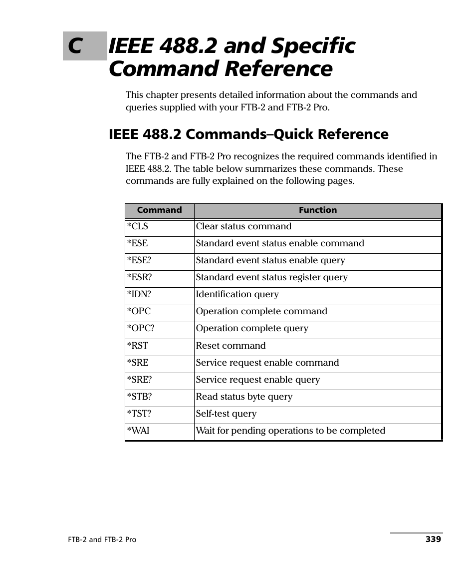 C ieee 488.2 and specific command reference, Ieee 488.2 commands–quick reference | EXFO FTB-2 User Manual | Page 349 / 443