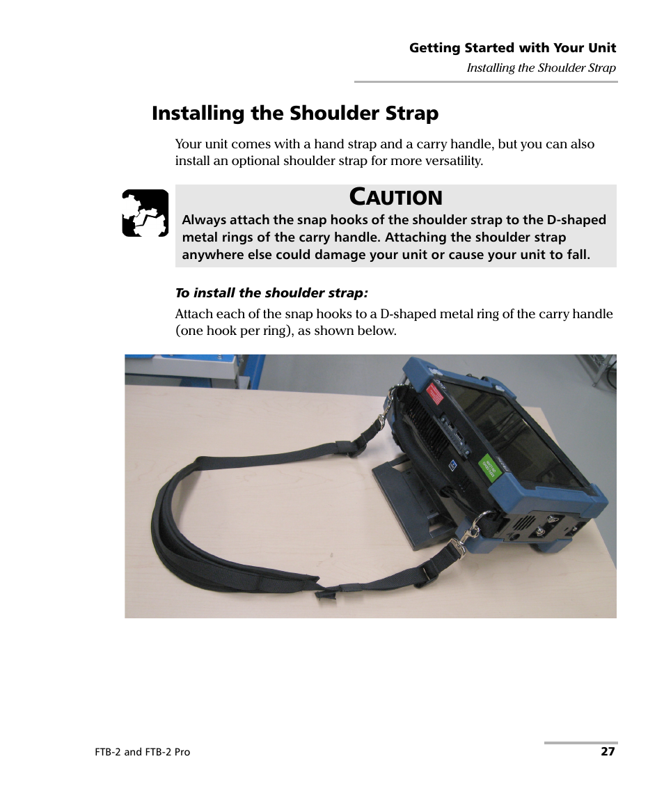 Installing the shoulder strap, Aution | EXFO FTB-2 User Manual | Page 37 / 443