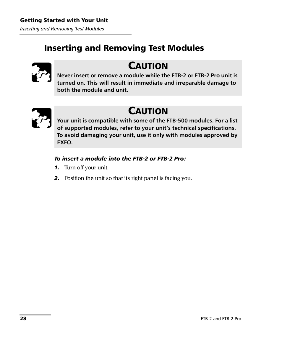 Inserting and removing test modules, Aution | EXFO FTB-2 User Manual | Page 38 / 443