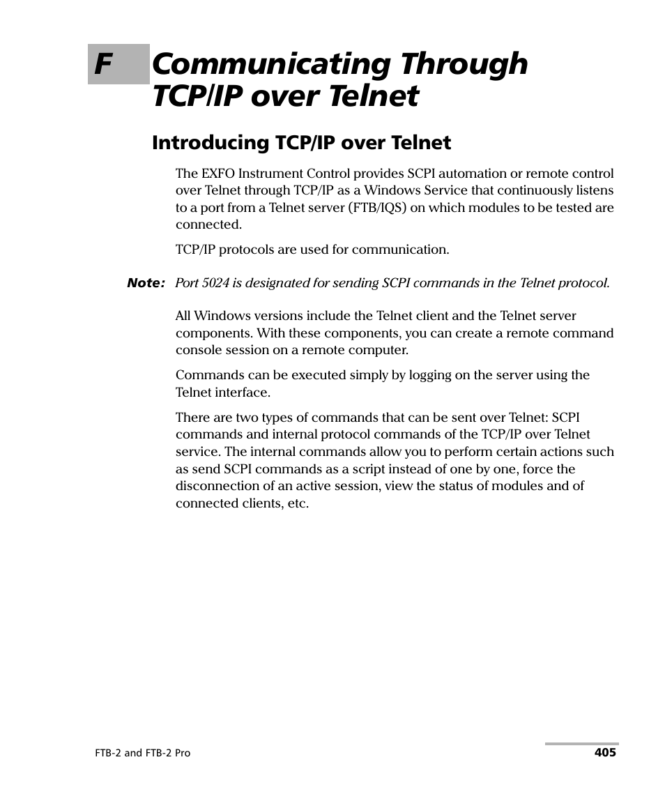 F communicating through tcp/ip over telnet, Introducing tcp/ip over telnet, Fcommunicating through tcp/ip over telnet | EXFO FTB-2 User Manual | Page 415 / 443