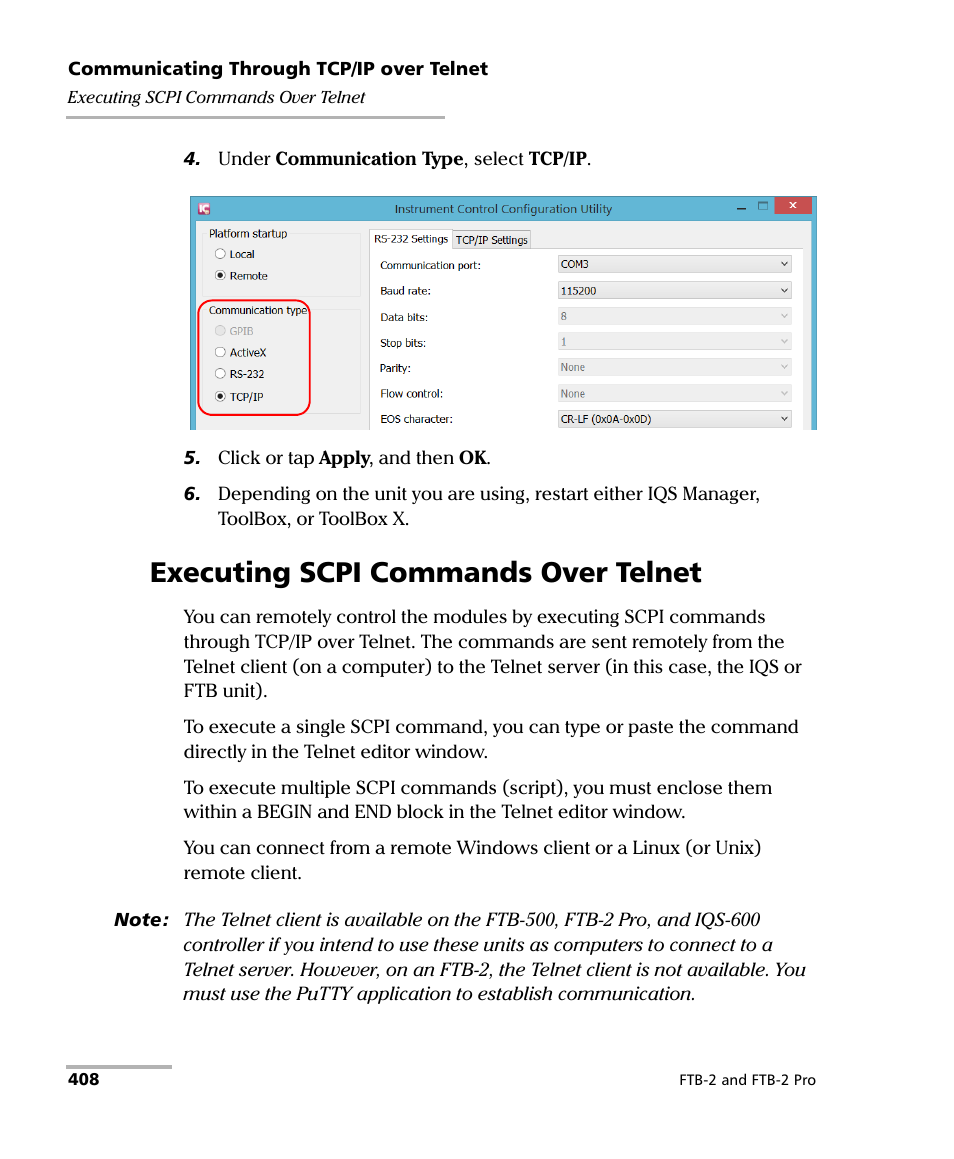 Executing scpi commands over telnet | EXFO FTB-2 User Manual | Page 418 / 443