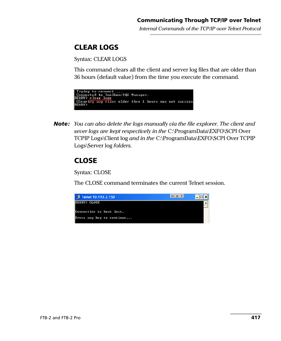 Clear logs, Close | EXFO FTB-2 User Manual | Page 427 / 443