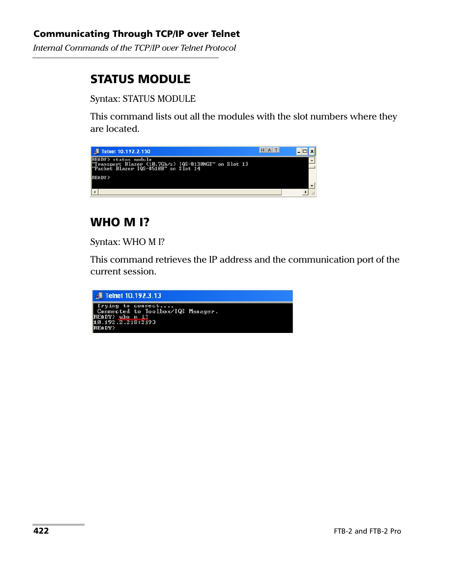 Status module, Who m i | EXFO FTB-2 User Manual | Page 432 / 443