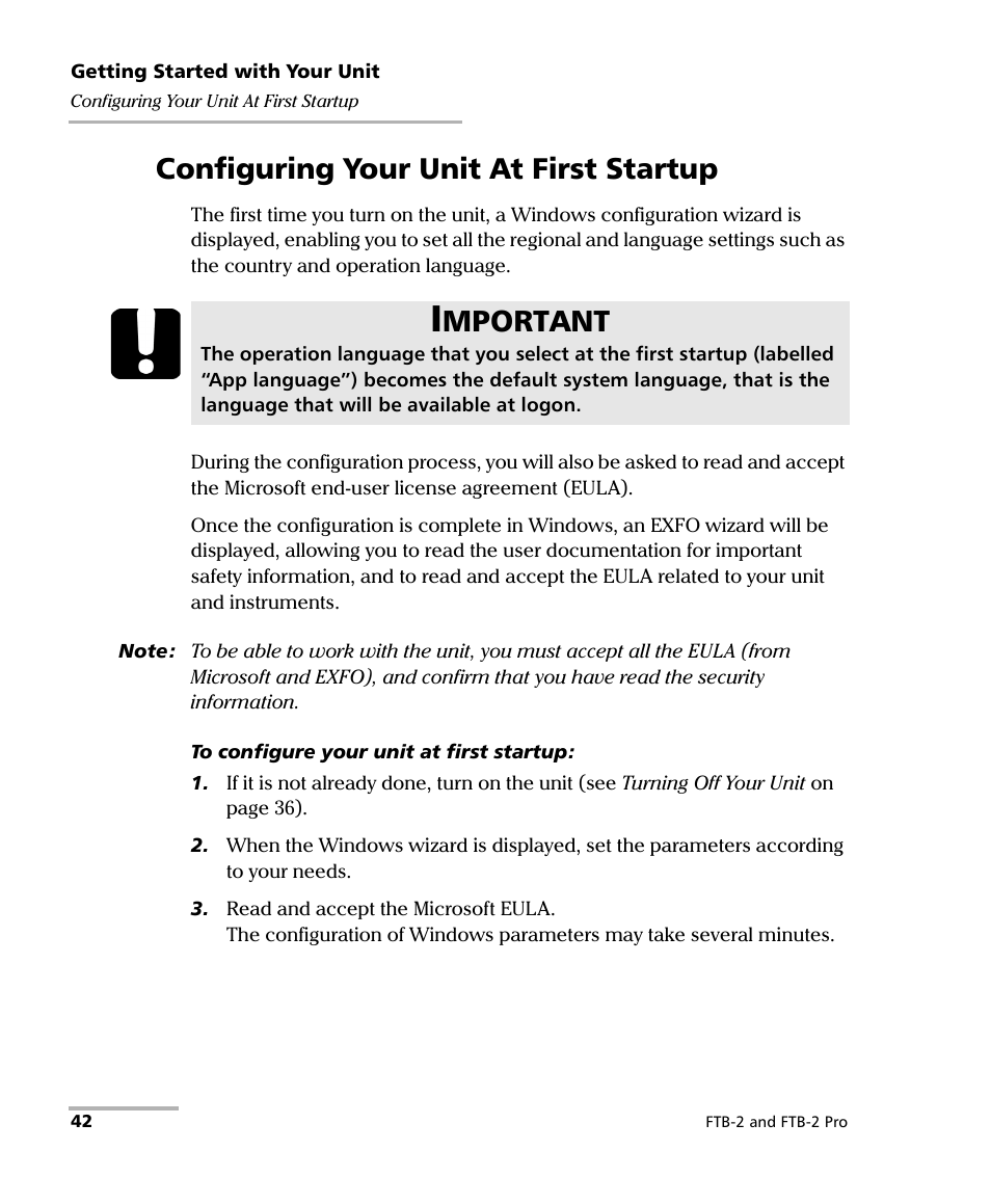 Configuring your unit at first startup, Mportant | EXFO FTB-2 User Manual | Page 52 / 443