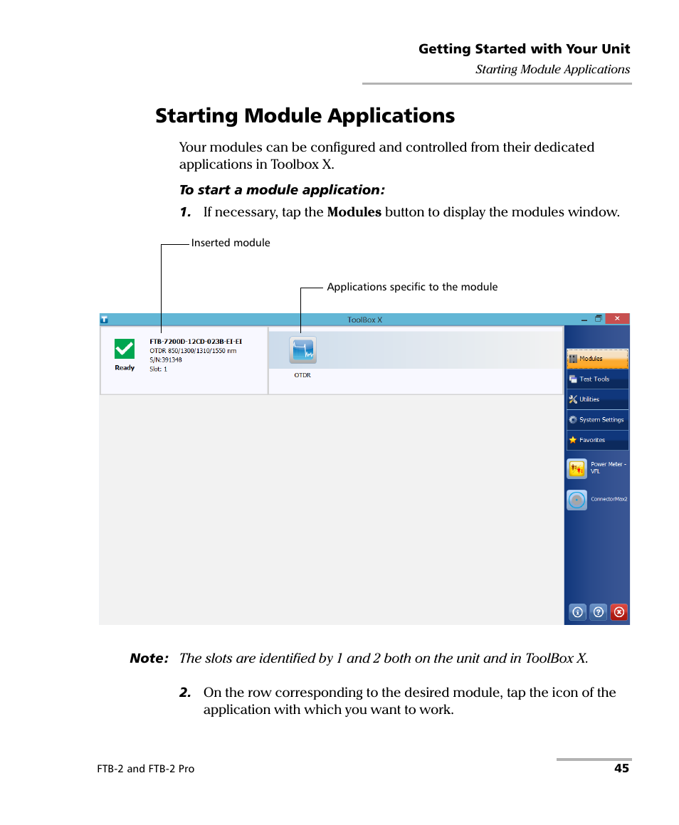 Starting module applications | EXFO FTB-2 User Manual | Page 55 / 443