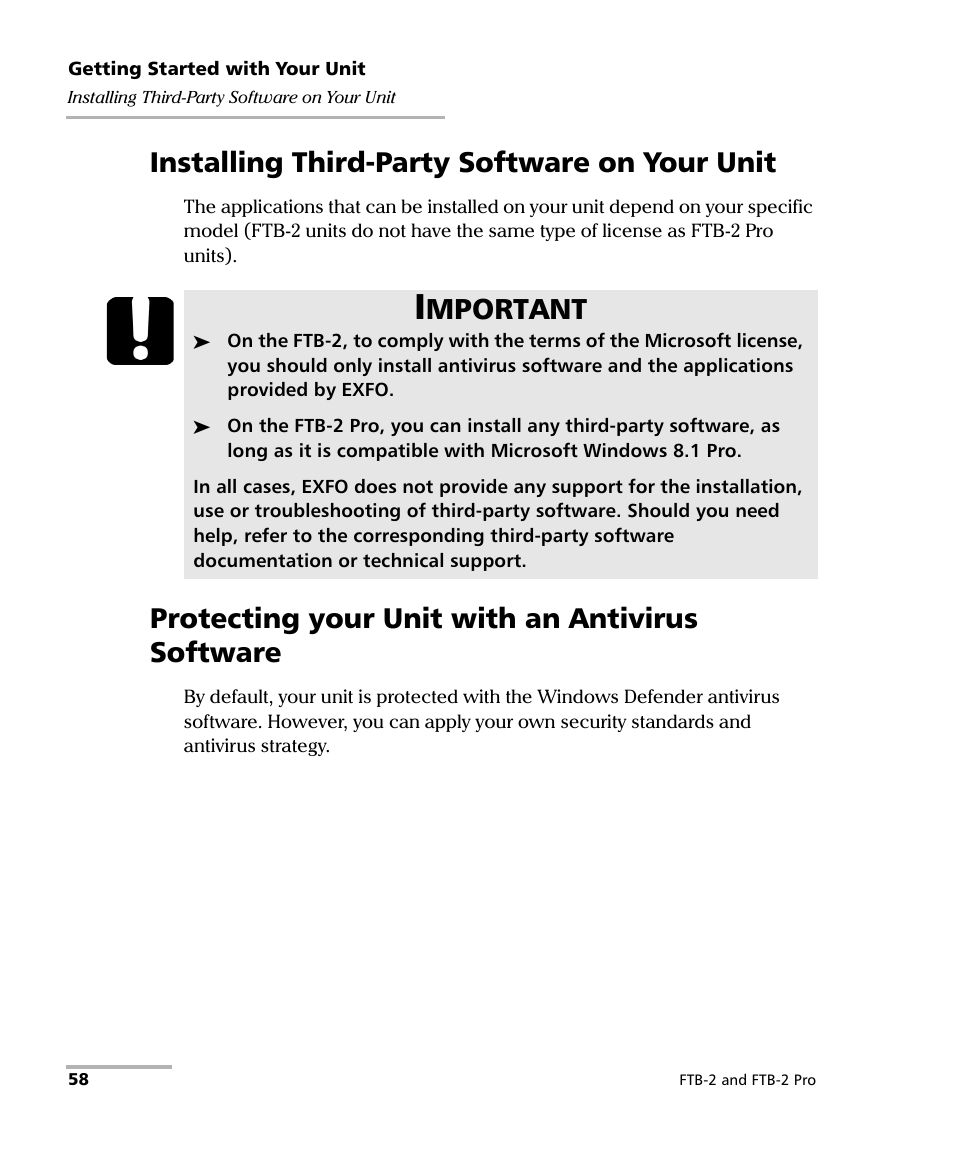 Installing third-party software on your unit, Protecting your unit with an antivirus software, Mportant | EXFO FTB-2 User Manual | Page 68 / 443