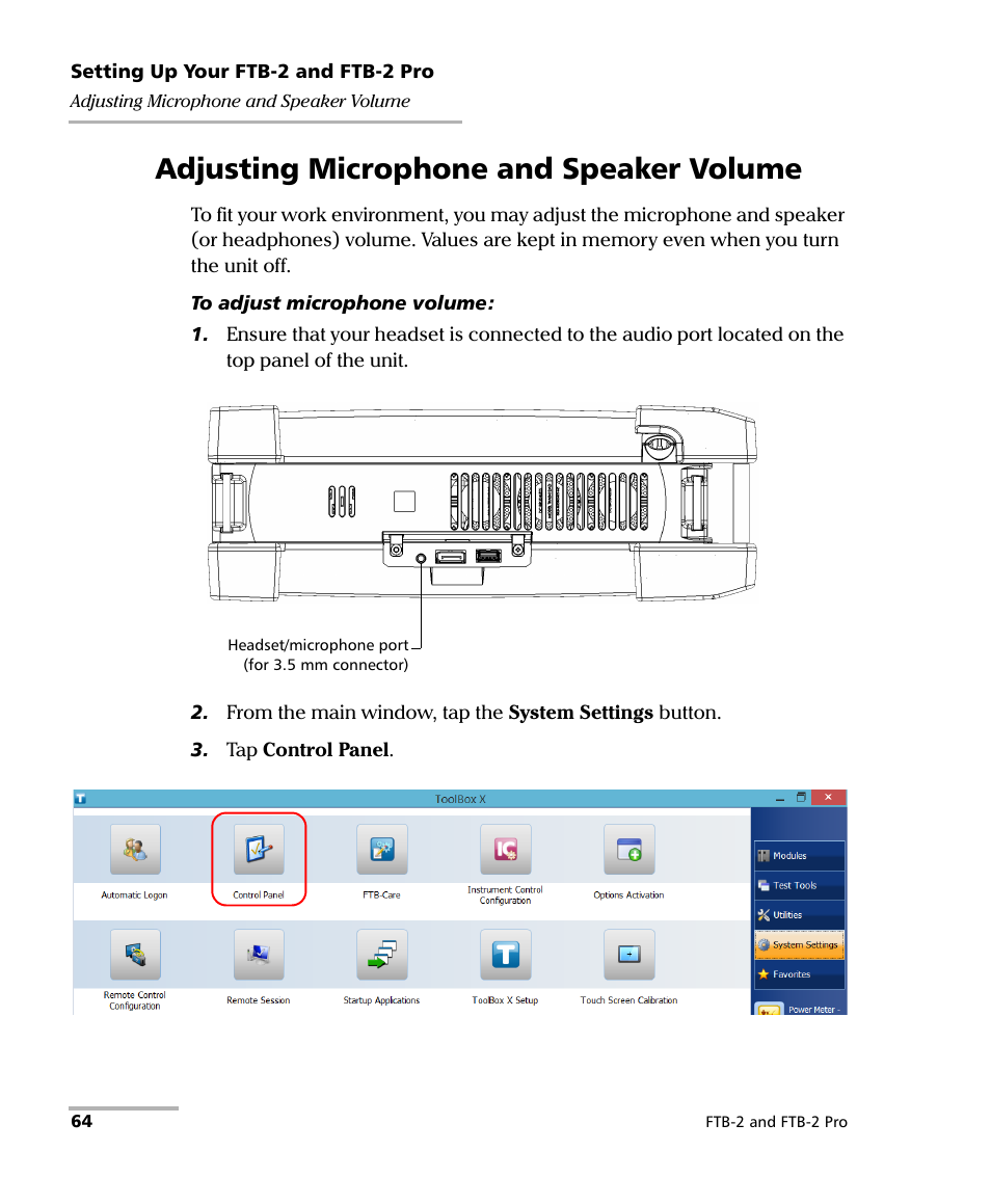 Adjusting microphone and speaker volume | EXFO FTB-2 User Manual | Page 74 / 443