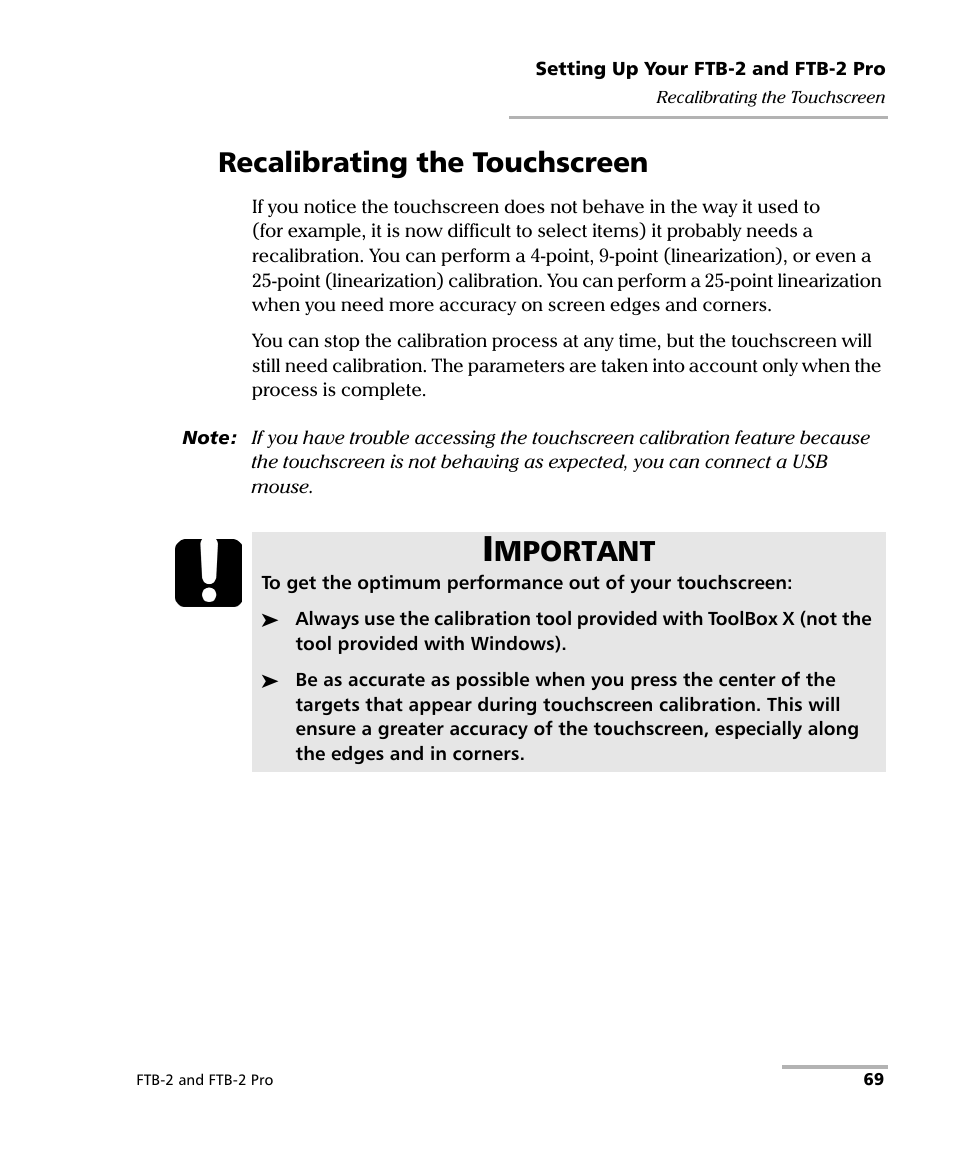 Recalibrating the touchscreen, Mportant | EXFO FTB-2 User Manual | Page 79 / 443