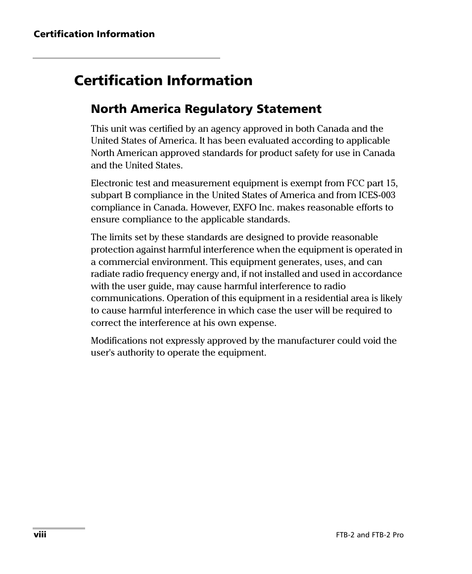 Certification information, North america regulatory statement | EXFO FTB-2 User Manual | Page 8 / 443